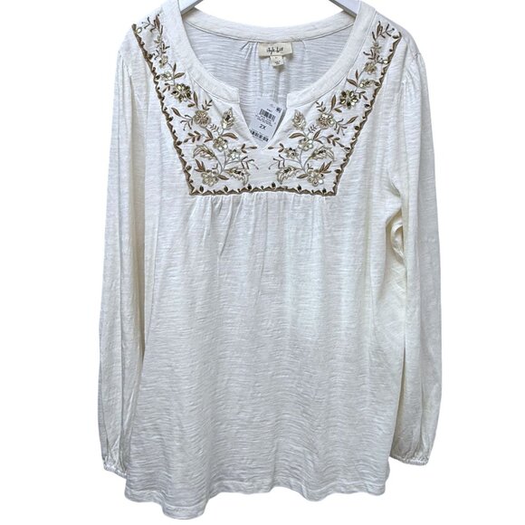 Style & Co.Boho Top Plus Size 2X Tunic Tee Cream Brown Embroidery Women Boho NWT - Picture 1 of 11